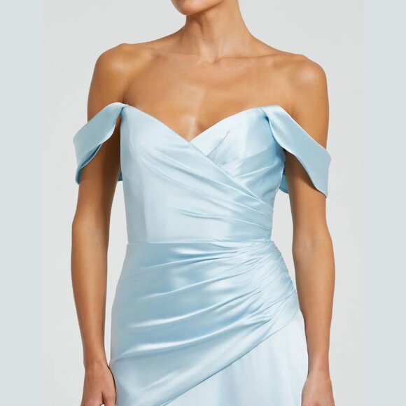 Mac Duggal Size 4 Light Blue Satin Off The Shoulder‎ Long Maxi Dress Gown - Picture 3 of 4